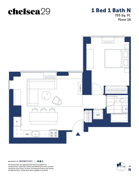 Floor plan for 1 bed, 1 bath, 755 sqft